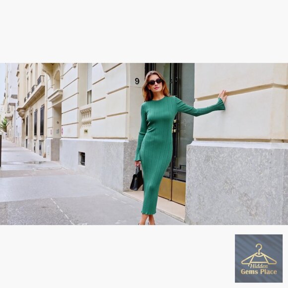 Long Sleeve Bodycon Maxi Dress Ribbed Knit Bell Sleeve Crew Neck - Picture 7 of 7